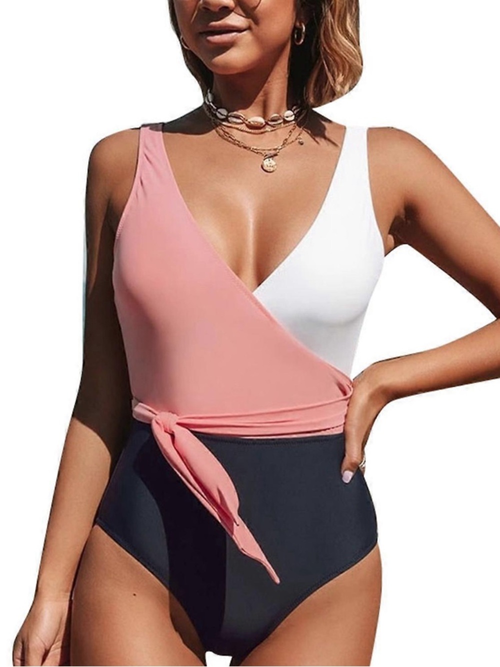 Cupshe Women’s Colorblock One-Piece Swimsuit - Pink/White/navy blue